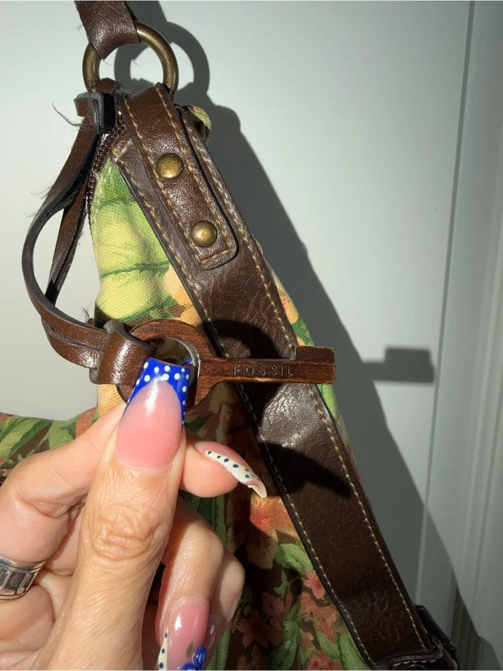 Vintage Fossil Floral Canvas Leather Hobo Bag Braided Strap Boho Y2K Purse
